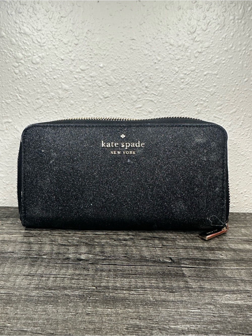 kate spade black glitter zip-around wallet